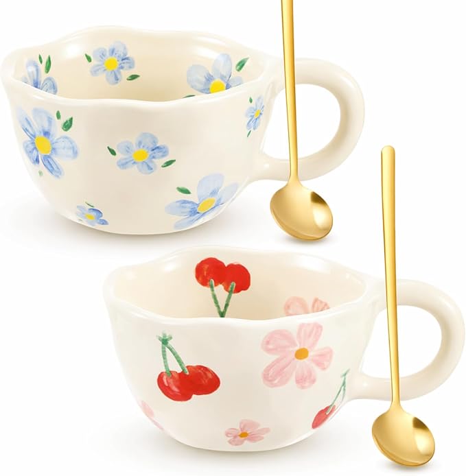 Vesici 2 Pcs Ceramic Coffee Mugs with Spoon, Vintage Floral Spring Mugs with Handle, 8.5 oz Aesthetic Flower Porcelain Tea Cup Set, Dishwasher & Microwave Safe Mothers Day Gifts for Mom(Lovely)