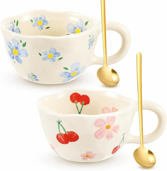 Vesici 2 Pcs Ceramic Coffee Mugs with Spoon, Vintage Floral Spring Mugs with Handle, 8.5 oz Aesthetic Flower Porcelain Tea Cup Set, Dishwasher & Microwave Safe Mothers Day Gifts for Mom(Lovely)