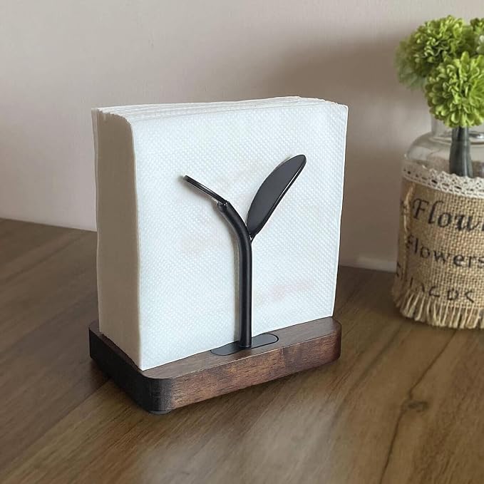 Leaf Napkin Holder, Wooden Napkin Holder for Tables, Freestanding Tissue Dispenser for Kitchen Countertop, Dining, Picnic Table, Indoor & Outdoor Use, Home Decor, Modern, Sturdy, Easy Assembly, Black