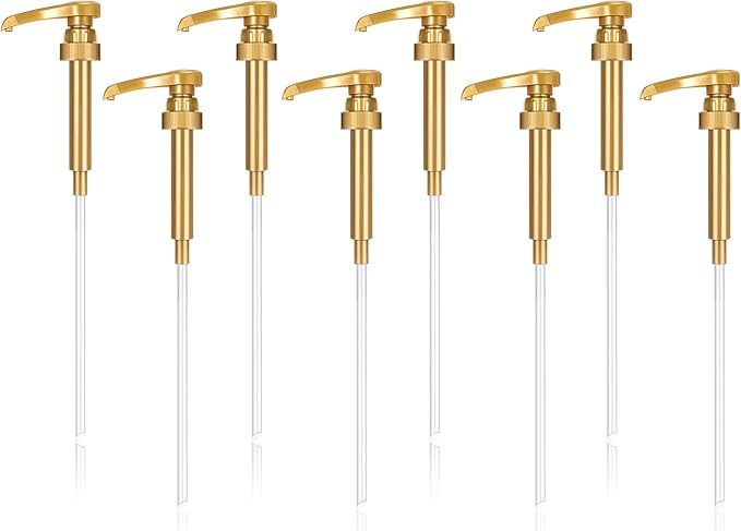 Zopeal 8 Pieces Coffee Syrup Pump Dispenser Fits 750ml/25.4oz Bottles, Skinny Syrup Pump for Coffee Flavoring, Creamers, Caramel, Beverages, Kitchen Cafe Bar Drinking Mixes Food Dispenser(Gold)