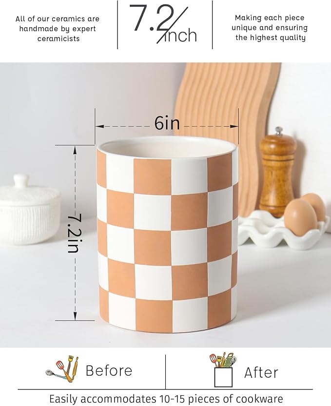 Utensil Holder，7.2 Inch Checkered Utensil Holder, Ceramic Cooking Utensil Spoon/Spatula Holder for Countertop, Kitchen Decor and Accessories for counte(Brown)