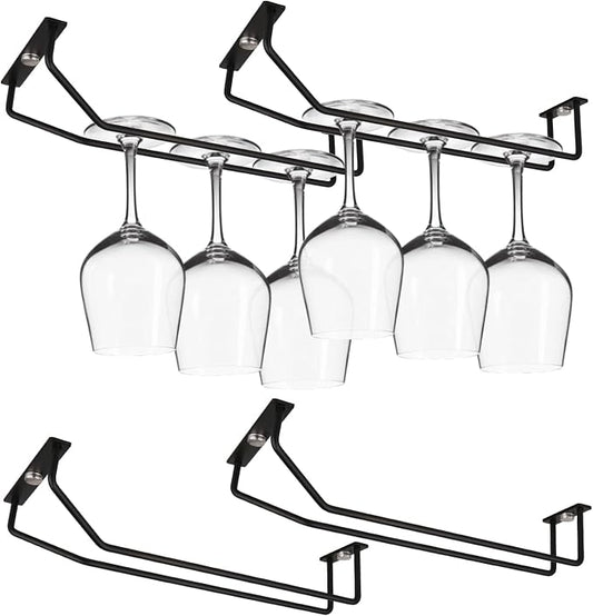 10.8 Inch Black Wine Glass Rack, Under Cabinet Wine Glass Holder, Metal Stemware Rack Hanger for Kitchen Storage (4 Pack)