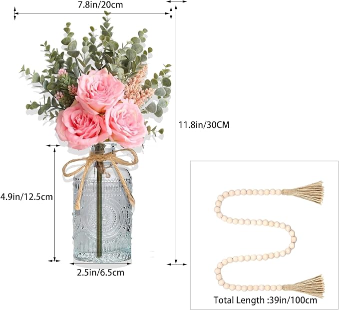 Fake Flowers with Vase, Silk Roses Artificial Flowers in Vase, Faux Flower Arrangement with Vase Suitable for Home Office Decoration, Dining Table Centerpiece (Pink Faux Flower+Bead Garland)