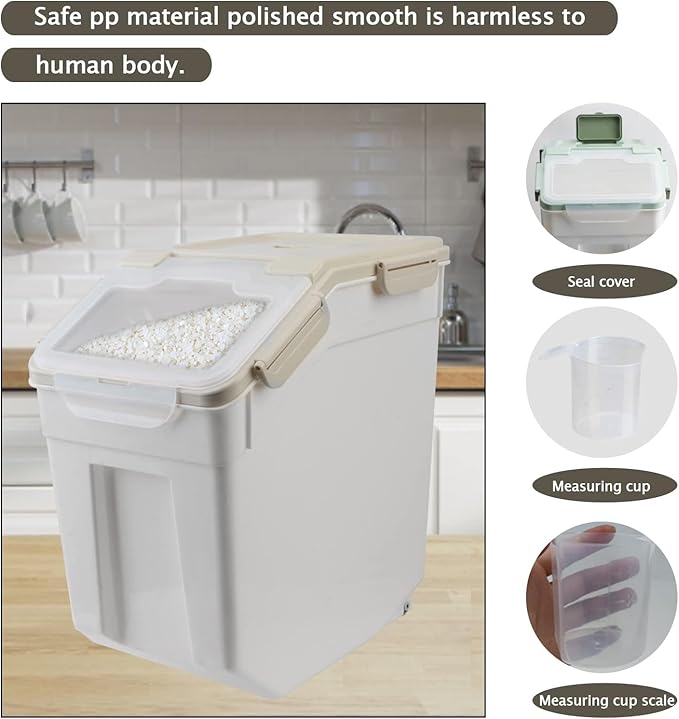 Saim Large Flour Storage Container Bin 50lb, 2Pack Airtight Rice Storage Containers with Wheels Seal Locking Lid, Dry Food, Sugar, Baking Supplies, Rice Dispenser Set with Measuring Cup & Scoop - Grey