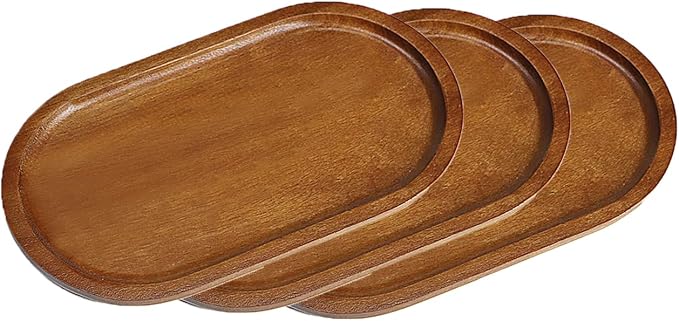 Small Wooden Tray (7.5 x 4.1 inch) 3 Pack, Oval Mini Serving Tray | for Coffee Tables, Dessert, Snack, Fruit, Acacia Wood Platter for Vegetable, Decor Restaurant
