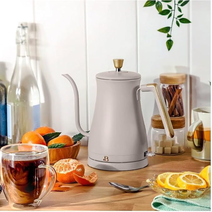 Beautiful Electric Gooseneck Kettle, 1 Liter, 1200W, Stainless Steel Interior, Fast Boil, Precision Pour Spout, Auto Shut-Off & Boil-Dry Protection (Beige)