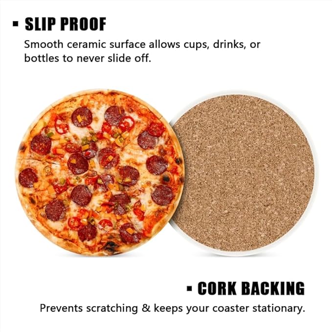 1 Pcs Coffee Cup Coasters for Drinks, Good Pepperoni Pizza Round Absorbent Non-Slip Ceramic Stone Cork Coasters for Kitchen Living Room Office Decoration Bar (4 * 4 Inch)