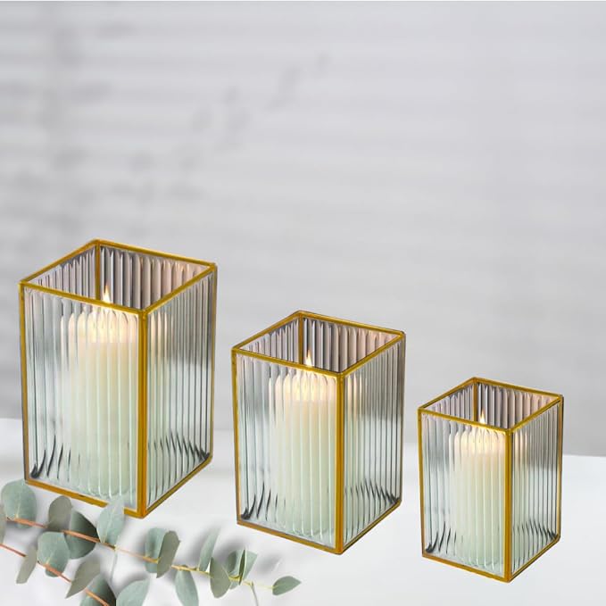 Koyal Wholesale Gold Ribbed Glass Hurricane Candle Holders, Set of 3