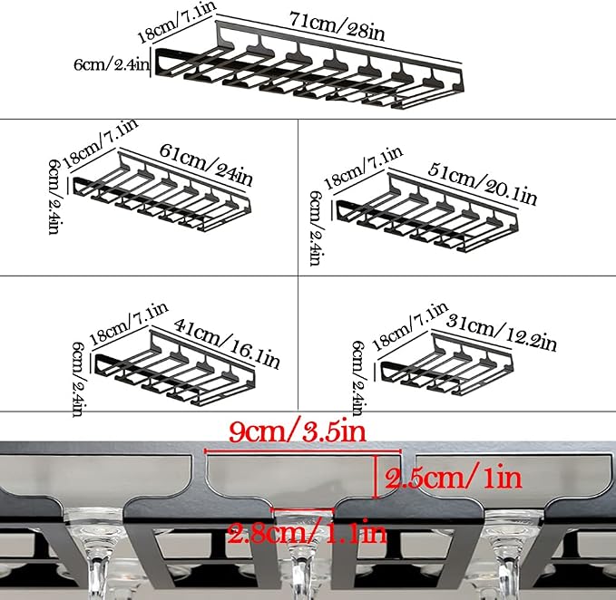 Under Cabinet Stemware, Hanging Wine Glass Holder with Screws, Glasses Storage Hanger Iron Organizer for Home Kitchen Bar