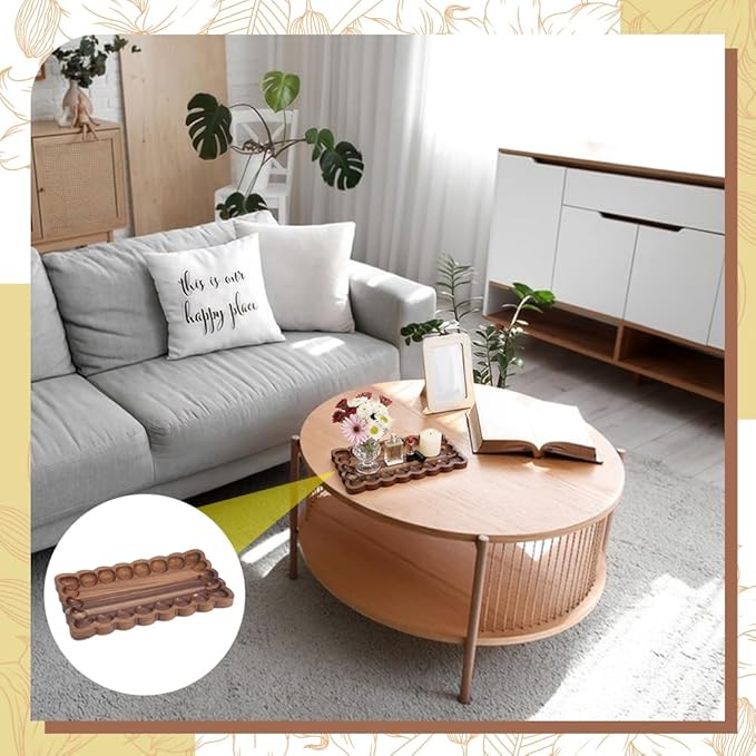 Wood Decorative Tray with Scalloped Edge Acacia Wood Rectangle Serving Trays Organization Coffee Table Wooden Trays for Living Room Bedroom Entryway Kitchen Home Decor and Vanity Storage