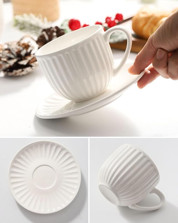 Ceramic Espresso Cups with Saucers 8 Oz,Set of 4 Porcelain Demitasse Cups Set,Small Coffee Cups with Handle for Coffee,Tea,Latte and Macchiato,Cappuccino Mugs for Kitchen and Cafe,White