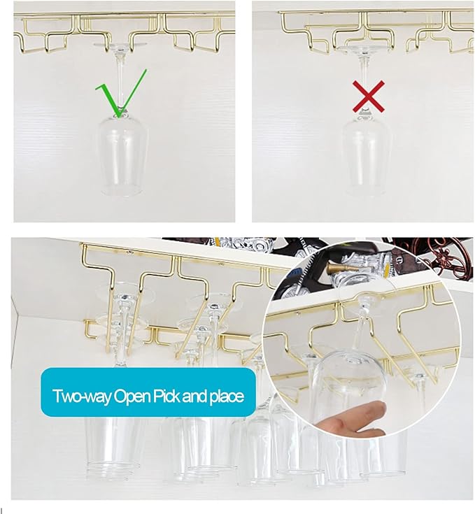 Gold Wine Glass Rack Hanging Metal 304 Stainless Steel Under Cabinet Shelf Stemware Racks Wine Champagne Goblets Holder for Kitchen Bar Pub (Size : 46x28x5.5cm)