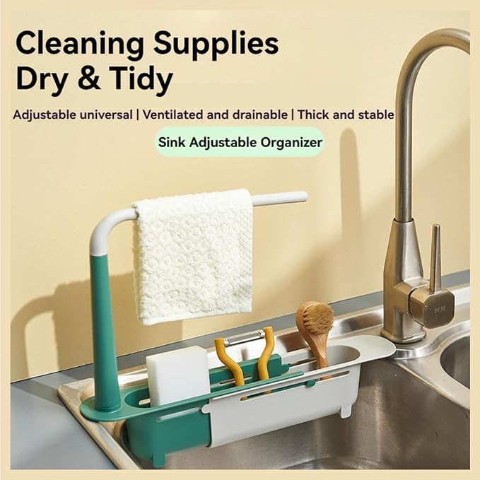 2026 Updated Telescopic Sink Storage Rack Adjustable, Kitchen Organizer Soap Sponge Holder with Dishcloth Hange, Expandable Length Sink Rack Holder for Home Kitchen (Red)
