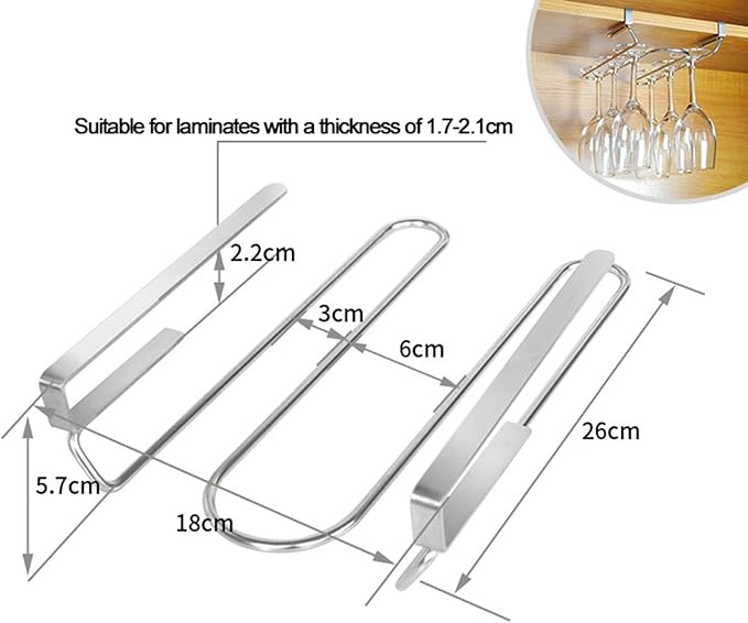 V3VOGUE Stainless Steel Under Shelf Wine Glass Holder, Under Cabinet Stemware Glasses Storage Hanger, Punch-Free Hanging Stemware Holder, Wire Hanging Rack (Single Row, Double Row)