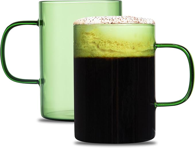 Restaurantware Glass Coffee Mug 2 Count 7 Oz Borosilicate Tea Cup with Ergonomic Handle, Dishwasher-Safe Green Thermal Resistant Mug for Hot and Cold Drinks