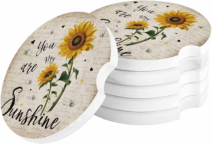 Small Car Coasters for Cup Holders 2.65" Absorbent 2 Pack Car Coaster Ceramic Stone for Drinks Absorb Water Drops Sunflowers You are My Sunshine