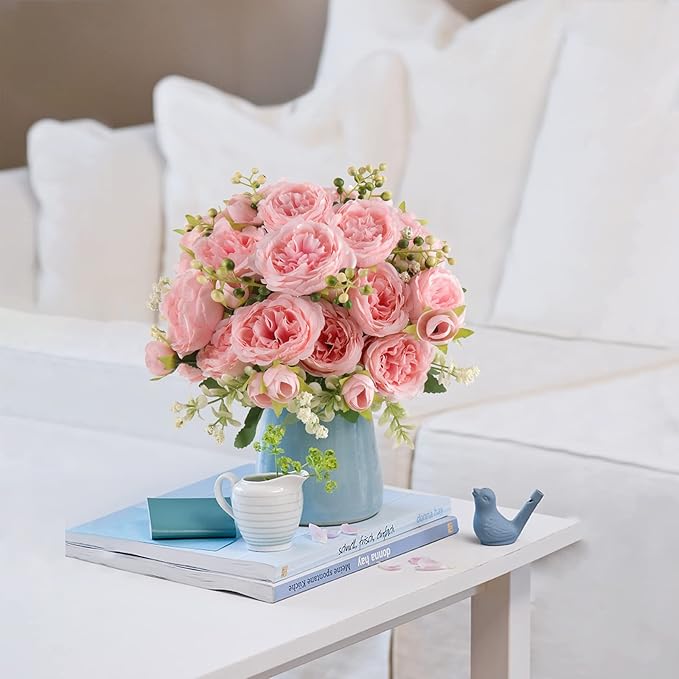 Pusuny Artificial Peonies Silk Flowers, 4 Bundles Faux Peony Bouquet Florals Arrangements for Farmhouse Home Boho Wedding Table Centerpiece, Fake Plastic Flower Bulk for Vase Decoration (Light Pink)
