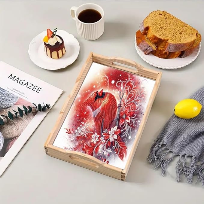 DIY Diamond Serving Tray Diamond Art Painting Creative Design Handmade Wooden Tray Dinner Plate for Coffee Breakfast Home Organizer-Cardinal
