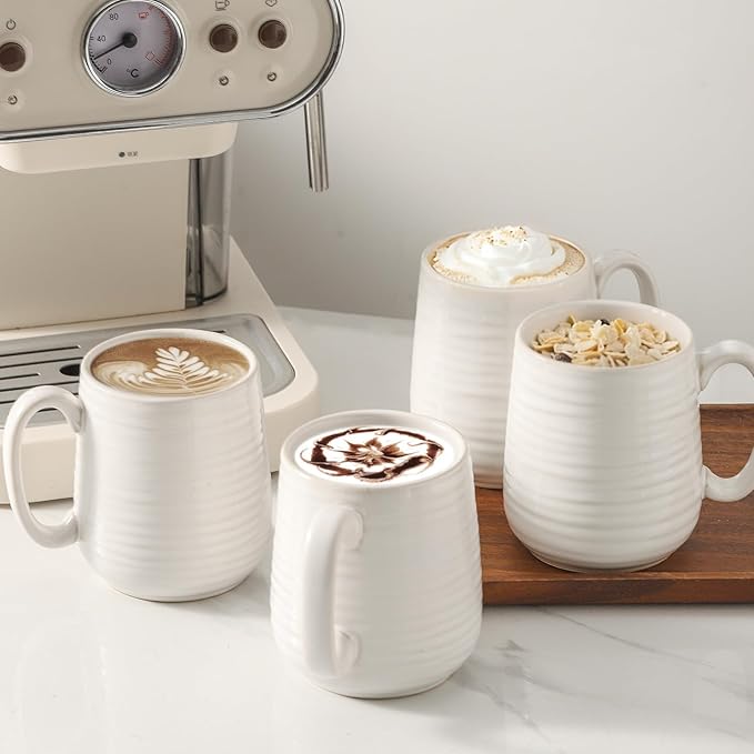 HASENSE Large Coffee Mugs,15oz Ceramic Coffee Mug Set of 4, Porcelain Coffee cups with handle for Morning Coffee, Latte, Tea and Cocoa, Coffee Cups with Unqiue Glaze for Men, Women, Plain
