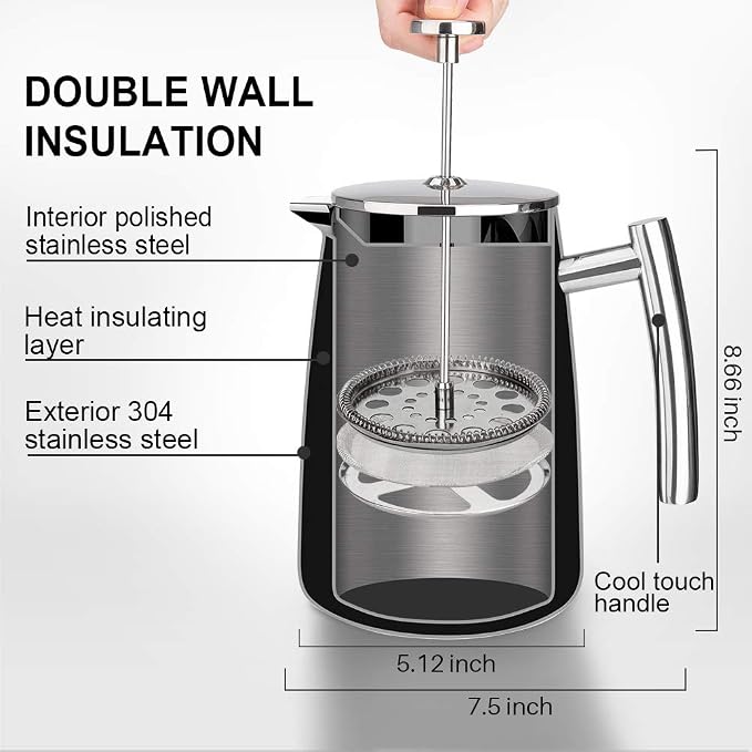 Secura French Press Coffee Maker, 34-Ounce, 304 Stainless Steel Insulated Coffee Press with Extra Screen (Pack of 2)