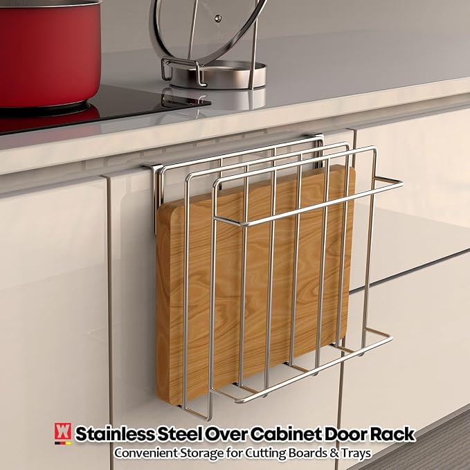 WAGENSTEIGER Stainless Steel Under/Over Cabinet Cutting Board and Kitchen Towel Rack – Space-Saving Rack for Countertop and Cabinet Door Storage, Chopping Board Holder (10.24 x 9.84 x 5.12 in)
