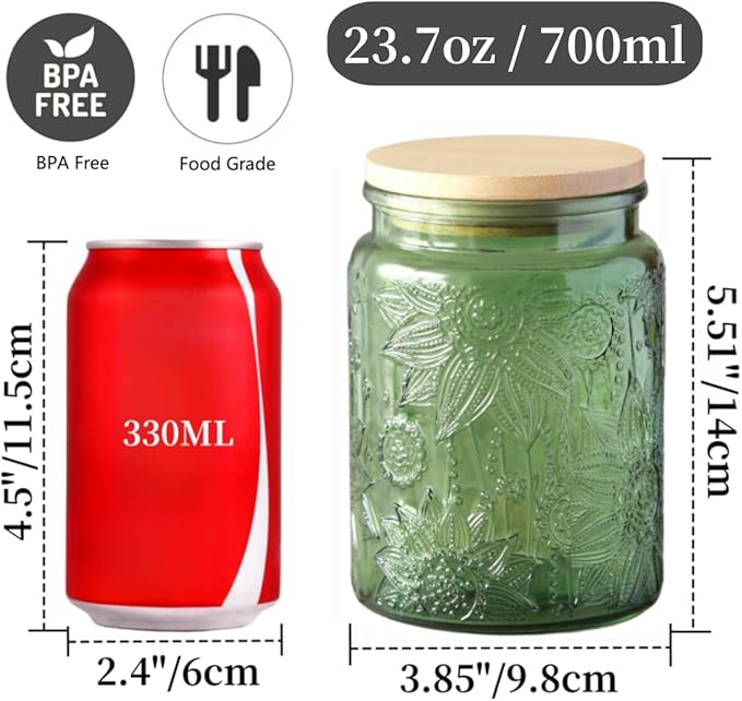 ANSQU 4-Pack Vintage Glass Jars with Airtight Lids, 23.7oz Glass Food Storage Containers for Kitchen Pantry Coffee, Tea, Candy, Cookie, Decorative Mason Jar (Blue&Green)