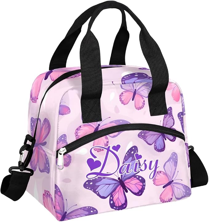 Personalized Butterfly Lunch-Bag for Women, Custom Insulated Cooler Lunch Box with Name, Leakproof-Reusable Lunch Tote Bag for Work Office Picnic - Pink Purple 4