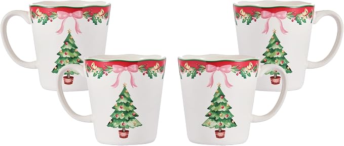Bico Ribbon Christmas Scalloped Ceramic Mug Set of 4, Christmas Coffee Mugs, 15oz Holiday Cups for Tea, Cocoa, or Hot Drinks, Microwave & Dishwasher Safe