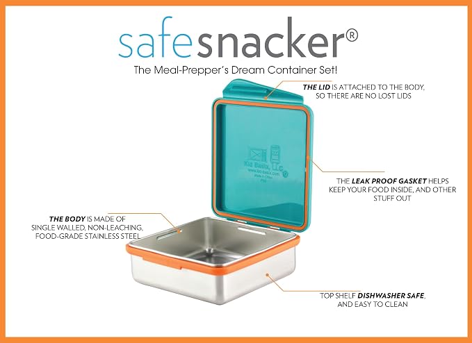 New Wave Enviro Safe Snacker, Stainless Steel Food Container, BPA Free, Stackable and Cabinet Friendly, Teal, Large Size, 23oz. Capacity