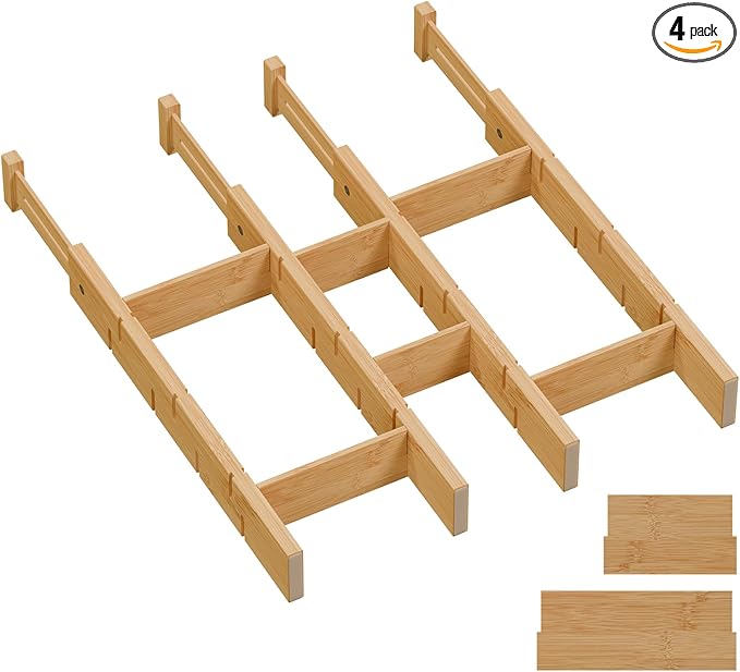 Bamboo Drawer Dividers, Expandable Kitchen Drawer Organizer, Include 4 Dividers, 4 Small Inserts and 4 Medium Inserts for Home, Office, Dressers