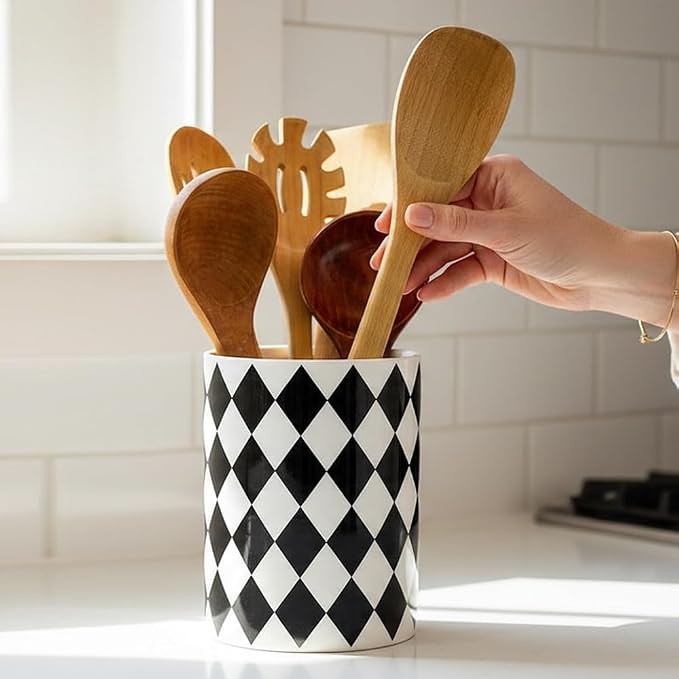 Kitchen Utensil Holder, 6.3" Ceramic Cooking Utensil Holder for Countertop, Large Utensil Crocks for Decor , Modern Farmhouse Checkered Utensil Organizer for Cooking Tools (Diamond Black, 6.3 inch)
