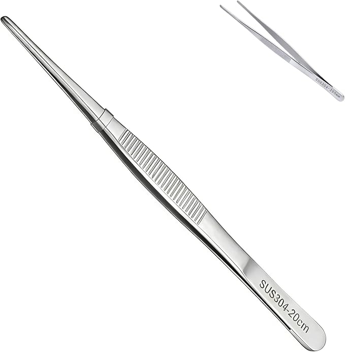8In SUS304 Straight Tweezers Tongs, Stainless Steel Cooking Tweezers Dishwasher Safe for Grilling, Baking (8In SUS304 Straight Tweezers)