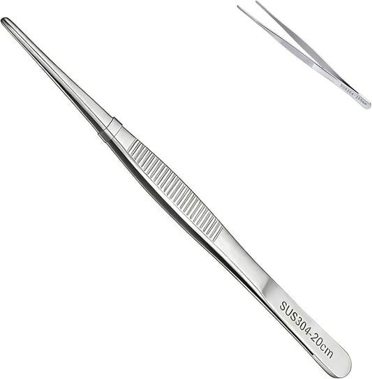 8In SUS304 Straight Tweezers Tongs, Stainless Steel Cooking Tweezers Dishwasher Safe for Grilling, Baking (8In SUS304 Straight Tweezers)