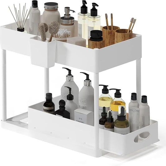 Under Sink Organizers and Storage, Bathroom Cabinet Organizer, Sink Shelf with Utility Hooks and Side Caddy for Under Cabinet Storage | Under Kitchen Sink Organizer with Sliding Drawer, White (1-Pack)