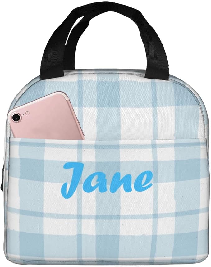 Custom Lunch Bag Plaid Blue Check Personalized Insulated Lunch Box with Name Reusable Cooler Tote for Adults Student Girl Boy Work Office School Picnic Over 3 Years Old