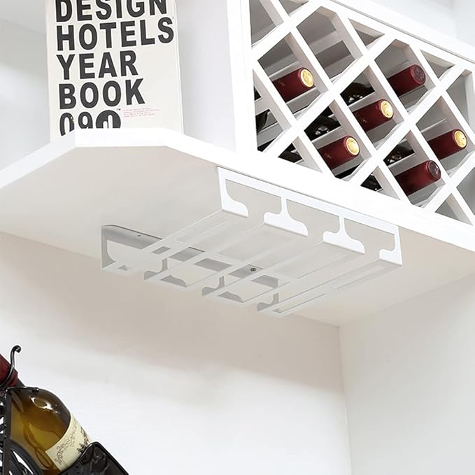 Under Cabinet Stemware, Hanging Wine Glass Holder with Screws, Glasses Storage Hanger Iron Organizer for Home Kitchen Bar