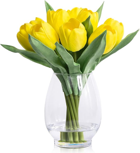 WELL KNOWN 12 Pcs Fake PU Tulips Artificial Flowers in Vase with Faux Water, Spring Summer Yellow Flower Arrangement with Glass Vase for Home Wedding Party Decor Dining Table Centerpiece & Gift