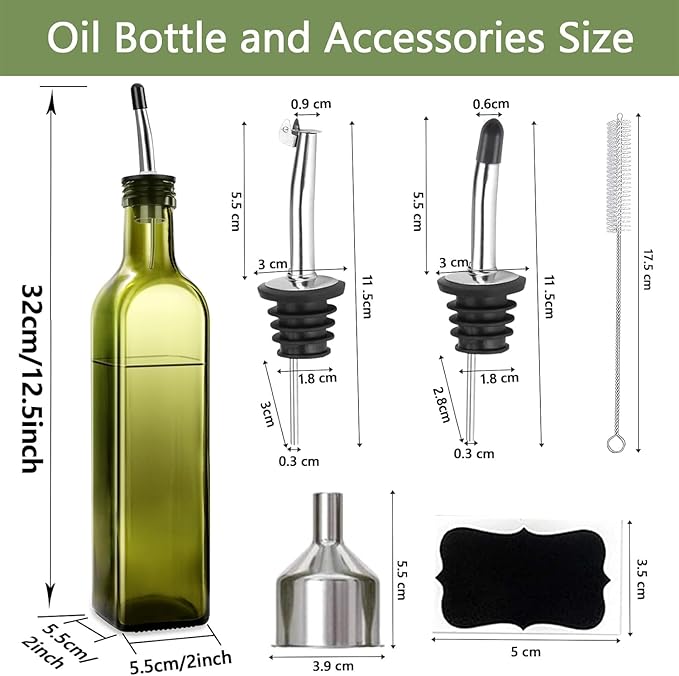 Leaflai 2 Pcs Green Glass Olive Oil Dispenser and Vinegar Dispenser Set with 2 Stainless Steel Pourers, 4 Labels, 1 Brush, 1 Funnel (500ml) for Kitchen, Cooking, Salad Dressing, Barbecue, Mixing