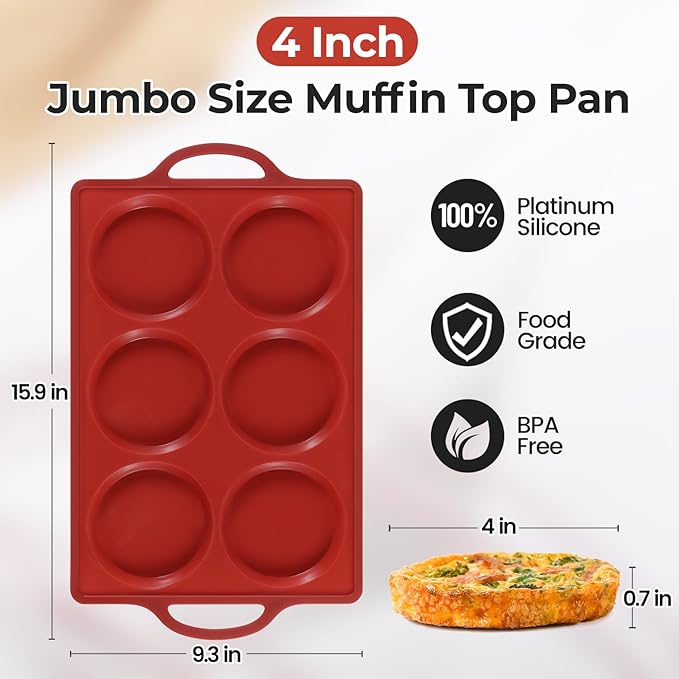 CAKETIME Jumbo Silicone Muffin Top Pan with Metal Frame, 4 Inch Non Stick Round Egg Baking Pan for Oven English Muffins, Whoopie Pies, Corn Bread, Egg Bites, Breakfast Sandwiches Tarts 2 Pack Brown