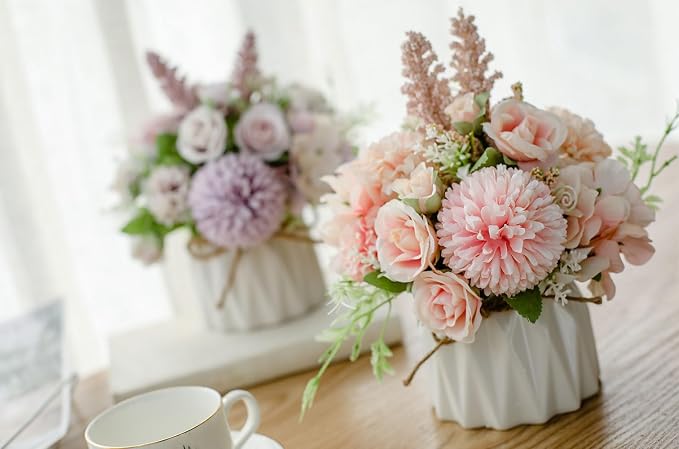 TKAS Artificial Faux Silk Fake Flowers Arrangement, Small Realistic Roses & Hydrangea in Ceramic Vase, Dining Table Centerpiece for Wedding Party Home Decoration (Pink)