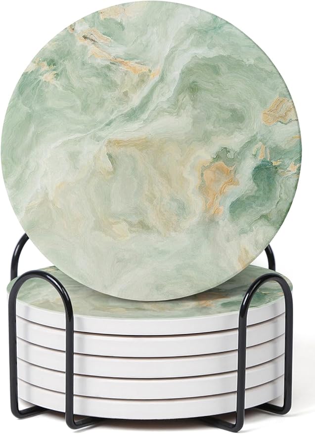 Set of 6 Sage Green Marble Coasters with Holder,Absorbent Ceramic Coasters for Drinks, Coasters with Cork Backing for Table Protection, Housewarming Gifts for New Home