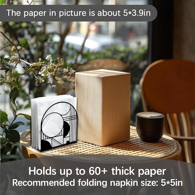 Modern Geometric Decorative Black Metal Napkin Holder for Table, 5.3" x 4.9" x 1.9" Curves Straight Lines Standing Napkin Holder for Home Kitchen Restaurant Picnic Coffee Bar Dining Room