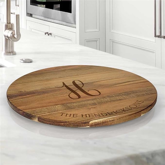 Engraved Family Name and Script Initial Personalized Lazy Susan, 16" Rotating Tray Brown