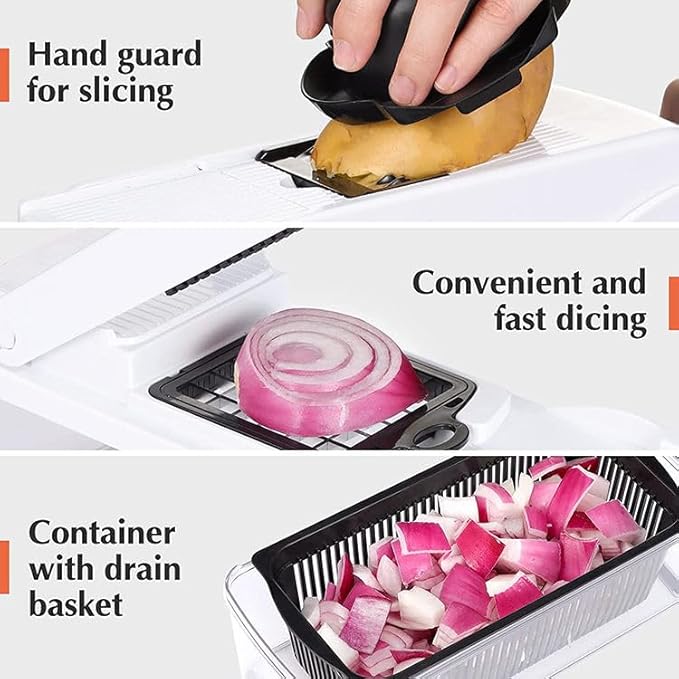 Vegetable Chopper: 10 in 1 Food Chopper - Onion Vegetable Slicer Cutter Dicer, Veggie Cutter with Container, 7 Blades, Kitchen Gadgets for Carrot Salad Garlic Potato Slicer (Black/White)