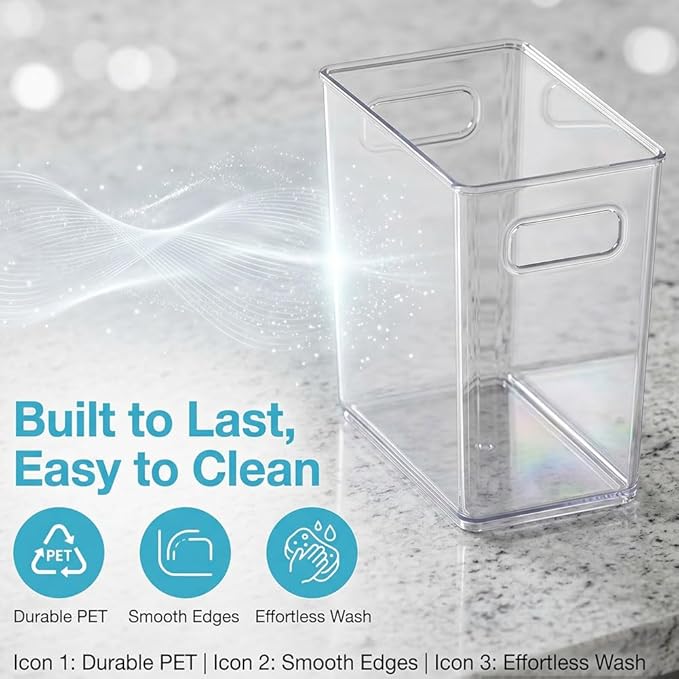 Crystal Clear Freezer Storage Bins - Stackable Plastic Organizer Bins with Handles for Fridge, Pantry Organizers and Storage, Acrylic Bins for Kitchen Cabinet (L*4Pcs)