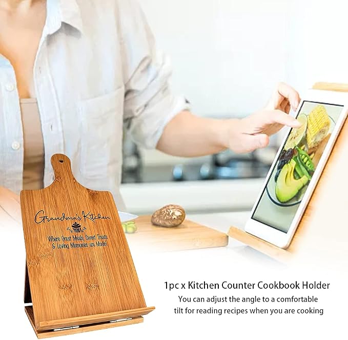 Cookbook Stand for Kitchen Counter, Rustic Cookbook Display Holder for Convenient Cooking, Adjustable Pad Tablet Recipe Book Holder, Wood Cutting Board Style Kitchen Gifts for Cooking Lovers