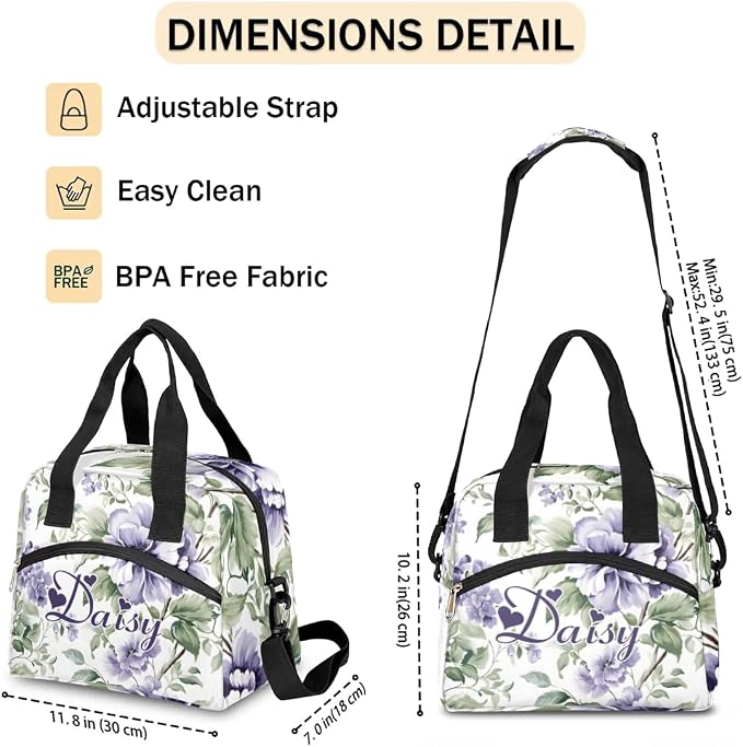 Personalized Flower Floral Lunch-Bag for Women, Custom Insulated Cooler Lunch Box with Name, Leakproof-Reusable Lunch Tote Bag for Work Office Picnic - Light Purple