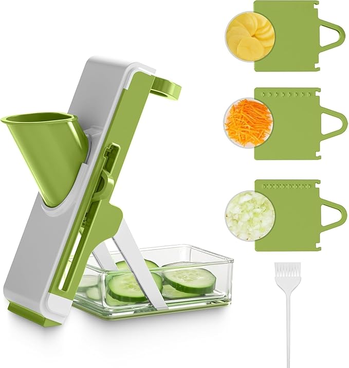 Eletronova Safe Mandoline Slicer for Kitchen, Vegetable Slicer with Container, French Fry Cutter, All in 1 Julienne Slicer for Potato, Thickness Adjustable, Detachable Blade, Dishwasher Safe（Grey-2）