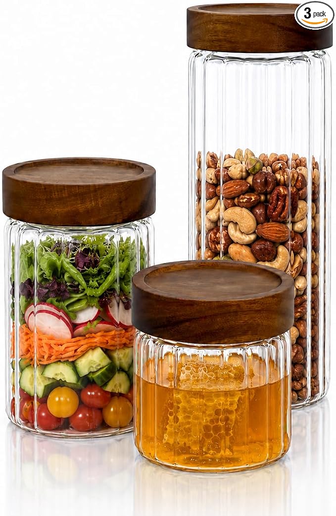 3-pack 17+28+54 oz Borosilicate Glass Food Storage Jars with Airtight Screw Top Wooden Lids, Leak-Proof Decorative Kitchen Pantry Canister, Coffee Sugar Tea Spices, Overnight Oats, Meal Prep