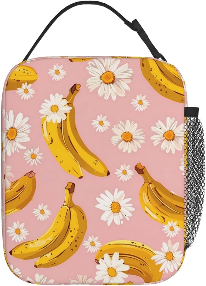 Reusable Banana and Daisy Lunch Box for Kids Girls Women Adult, Insulated Fruit and Floral Pink Lunch Bag,Polyester Cooler Handbags Case for School Picnic Work Travel Beach or Hiking